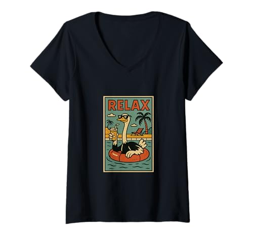 Damen Strauß Relaxing Tier Vintage Strauß Relax Print Retro T-Shirt mit V-Ausschnitt Damen Strauß Relaxing Tier Vintage Strauß Relax Print Retro T-Shirt mit V-Ausschnitt von Retro Relax Prints