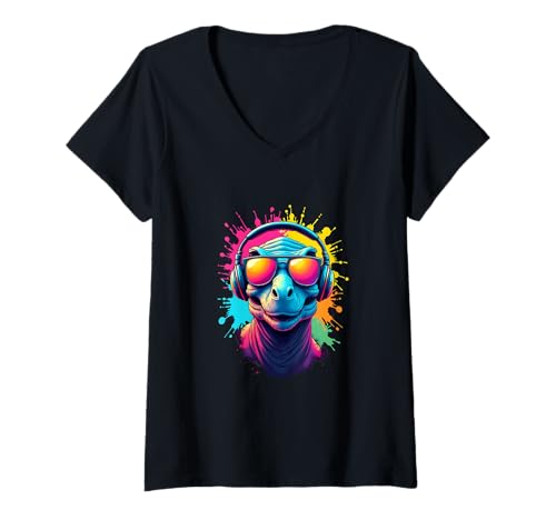 Damen Coole Dino-Vibes mit Farbspritzern T-Shirt mit V-Ausschnitt Damen Coole Dino-Vibes mit Farbspritzern T-Shirt mit V-Ausschnitt von Retro Reptile Beats