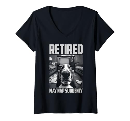 Damen Retired May Nap Suddenly - Lustiger Basset Hound Hund Ruhestand T-Shirt mit V-Ausschnitt von Retro Retirement Apparel Gifts