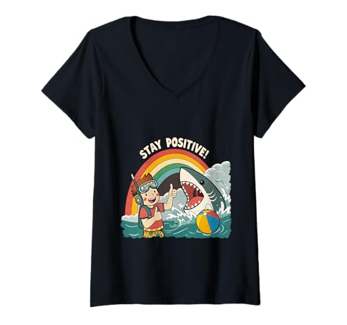 Damen Bleib positiv, lustige Haifisch-Rinbogen-Cartoon-Kunst T-Shirt mit V-Ausschnitt Damen Bleib positiv, lustige Haifisch-Rinbogen-Cartoon-Kunst T-Shirt mit V-Ausschnitt von Retro Ripple Designs