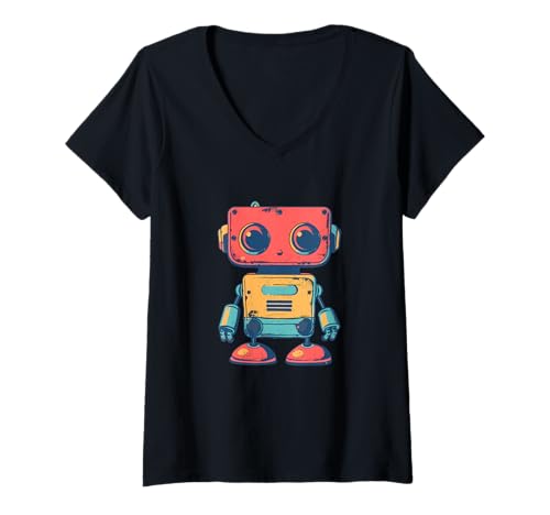 Damen Niedlicher Kleiner Roboter, Vintage-Kinderroboter T-Shirt mit V-Ausschnitt Damen Niedlicher Kleiner Roboter, Vintage-Kinderroboter T-Shirt mit V-Ausschnitt von Retro Robots, Space Tech and Robotics
