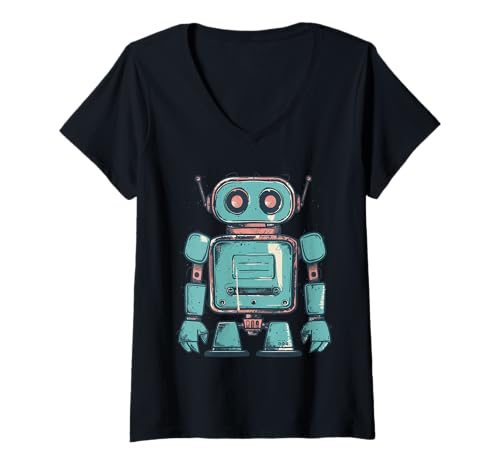 Damen Niedlicher kleiner Roboter, Vintage-Kinderroboter T-Shirt mit V-Ausschnitt Damen Niedlicher kleiner Roboter, Vintage-Kinderroboter T-Shirt mit V-Ausschnitt von Retro Robots, Space Tech and Robotics