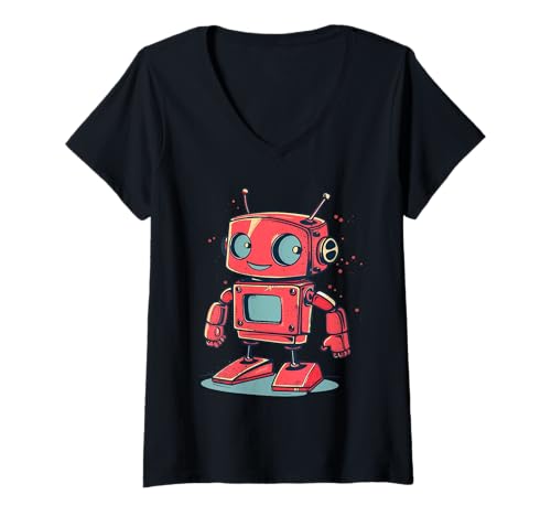 Damen Niedlicher kleiner Roboter, Vintage-Kinderroboter T-Shirt mit V-Ausschnitt Damen Niedlicher kleiner Roboter, Vintage-Kinderroboter T-Shirt mit V-Ausschnitt von Retro Robots, Space Tech and Robotics