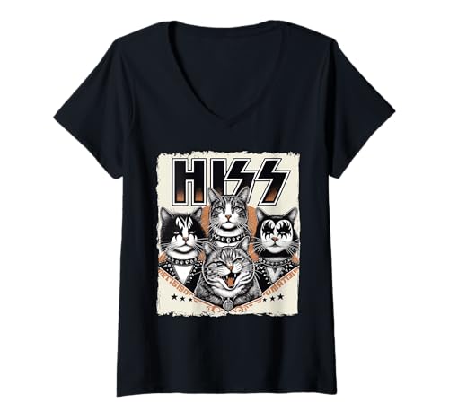 Damen Lustige Rockband Cat Parodie HISS Schriftzug und Miauende Katzen T-Shirt mit V-Ausschnitt Damen Lustige Rockband Cat Parodie HISS Schriftzug und Miauende Katzen T-Shirt mit V-Ausschnitt von Retro Rock Band Parody Feline Humor Apparel Co.