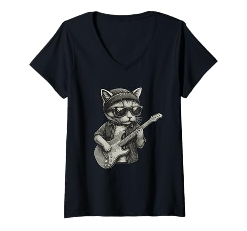 Damen Chill Cat spielt Gitarre, Rockmusik, lustiges Tier-T-Shirt T-Shirt mit V-Ausschnitt von Retro Rock Guitarist Cat Tees Music Cat Lovers