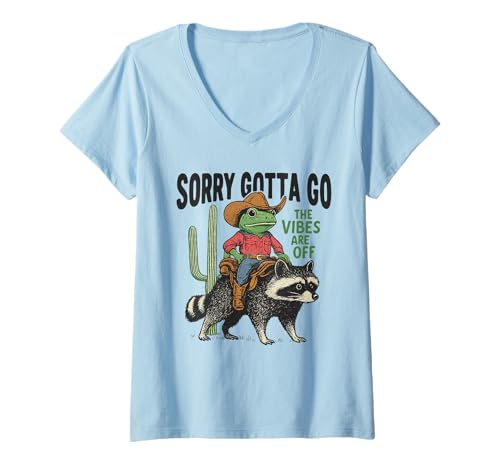 Damen Cowboy-Frog Riding Raccoon - Ich muss los, die Stimmung ist aus T-Shirt mit V-Ausschnitt Damen Cowboy-Frog Riding Raccoon - Ich muss los, die Stimmung ist aus T-Shirt mit V-Ausschnitt von Retro Rodeo Oddities