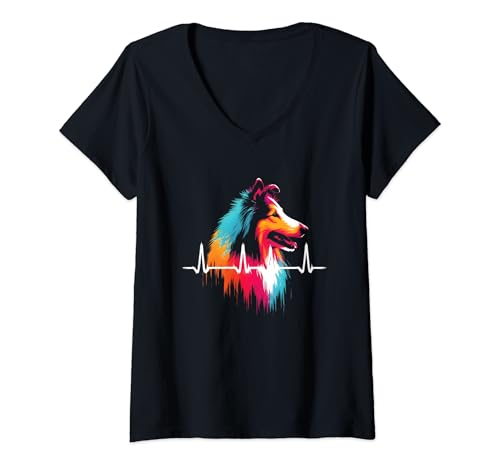 Damen Rough Collie Heartbeat – Vintage Collie Herding Hundeliebhaber T-Shirt mit V-Ausschnitt von Retro Rough Collie Apparel Gifts