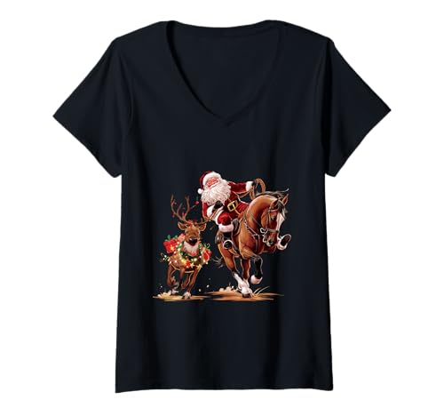 Damen Lustiger Cowboy Santa Bulldogging Weihnachten Cowboy Western Xmas T-Shirt mit V-Ausschnitt von Retro Santa Claus Cowboy Gifts For Xmas Lovers