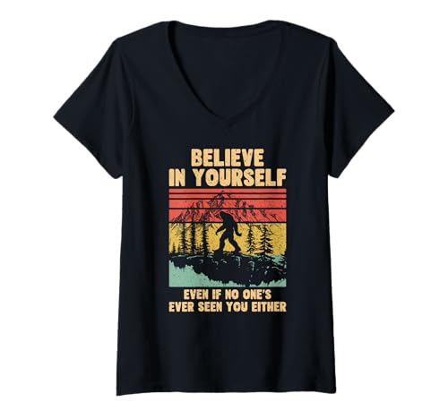 Damen Bigfoot Sasquatch glauben an sich selbst Motivationszitat T-Shirt mit V-Ausschnitt Damen Bigfoot Sasquatch glauben an sich selbst Motivationszitat T-Shirt mit V-Ausschnitt von Retro Sasquatch Bigfoot Lovers Gläubige Design
