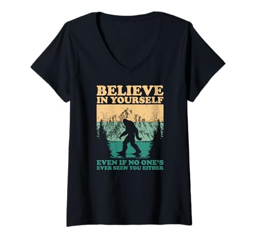 Damen Bigfoot Sasquatch glauben an sich selbst Motivationszitat T-Shirt mit V-Ausschnitt Damen Bigfoot Sasquatch glauben an sich selbst Motivationszitat T-Shirt mit V-Ausschnitt von Retro Sasquatch Bigfoot Lovers Gläubige Design