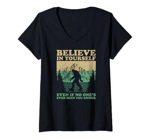 Damen Bigfoot Sasquatch glauben an sich selbst Motivationszitat T-Shirt mit V-Ausschnitt Damen Bigfoot Sasquatch glauben an sich selbst Motivationszitat T-Shirt mit V-Ausschnitt von Retro Sasquatch Bigfoot Lovers Gläubige Design