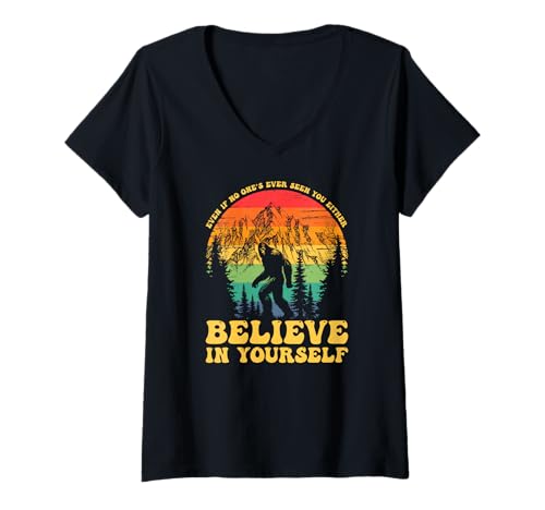 Damen Bigfoot Sasquatch glauben an sich selbst Motivationszitat T-Shirt mit V-Ausschnitt Damen Bigfoot Sasquatch glauben an sich selbst Motivationszitat T-Shirt mit V-Ausschnitt von Retro Sasquatch Bigfoot Lovers Gläubige Design