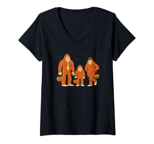 Damen Süßes Bigfoot Family Matching Halloween Trick or Treat T-Shirt mit V-Ausschnitt Damen Süßes Bigfoot Family Matching Halloween Trick or Treat T-Shirt mit V-Ausschnitt von Retro Sasquatch Halloween Matching Cute Design