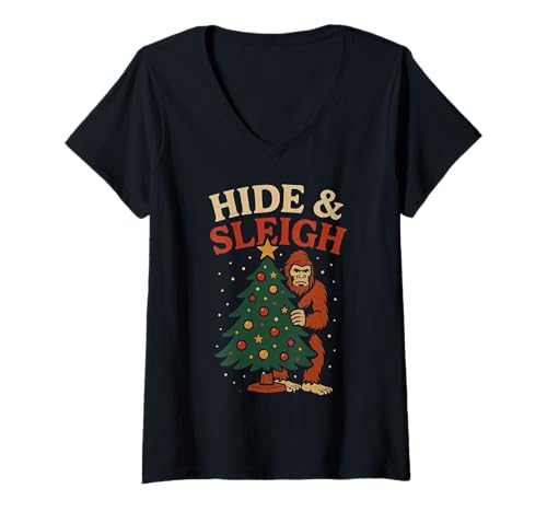 Damen Hide & Sleigh Lustiges Weihnachts-Bigfoot Science-Fiction-Weihnachten T-Shirt mit V-Ausschnitt von Retro Sasquatch Meme XMAS Holidays Bigfoot Humor