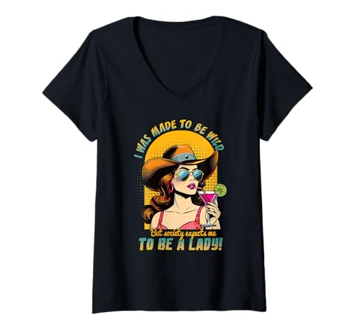 Damen Lustiges Western-Cocktail-Design im Retro-Look, Motiv „Wilde Frau“ T-Shirt mit V-Ausschnitt von Retro Sass & Bold Attitude Pop Art Tees for Women