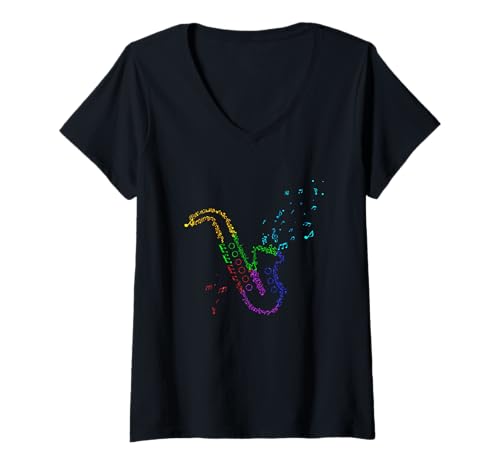 Damen Retro Saxophon Musiknoten Musikinstrument Saxophon Noten T-Shirt mit V-Ausschnitt Damen Retro Saxophon Musiknoten Musikinstrument Saxophon Noten T-Shirt mit V-Ausschnitt von Retro Saxophone Notes Musical Notes Apparel