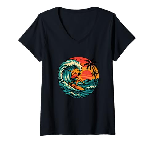 Damen Surf Adventure Retro Sonnenuntergang Wave Grafik T-Shirt mit V-Ausschnitt von Retro Scenic Surf Lifestyle Adventure Apparel