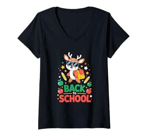 Damen Zurück in die Schule lustige Hirsche mit Sonnenbrille T-Shirt mit V-Ausschnitt Damen Zurück in die Schule lustige Hirsche mit Sonnenbrille T-Shirt mit V-Ausschnitt von Retro School Deer with Sunglasses