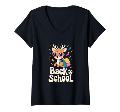 Damen Zurück in die Schule EIN Hirsch 70er Retro-Hippie-Design T-Shirt mit V-Ausschnitt Damen Zurück in die Schule EIN Hirsch 70er Retro-Hippie-Design T-Shirt mit V-Ausschnitt von Retro School Deer with Sunglasses