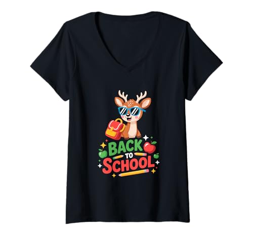 Damen Nette Hirsche mit Sonnenbrille und Rucksack Retro -Grafik T-Shirt mit V-Ausschnitt von Retro School Deer with Sunglasses