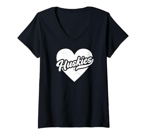 Damen Vintage Huskies School Spirit Go Huskies Love T-Shirt mit V-Ausschnitt Damen Vintage Huskies School Spirit Go Huskies Love T-Shirt mit V-Ausschnitt von Retro School Spirit Go Huskies