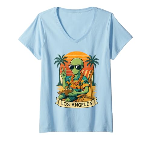 Damen Los Angeles Lustiger Alien-Sommerurlaub — Strandreise T-Shirt mit V-Ausschnitt Damen Los Angeles Lustiger Alien-Sommerurlaub — Strandreise T-Shirt mit V-Ausschnitt von Retro Sci-Fi Alien Vacation in Los Angeles Design