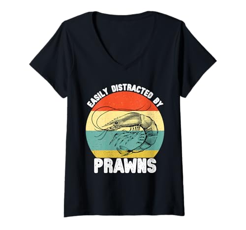 Damen Easily Distracted by Prawns Lustiges Feinschmecker-Zitat T-Shirt mit V-Ausschnitt Damen Easily Distracted by Prawns Lustiges Feinschmecker-Zitat T-Shirt mit V-Ausschnitt von Retro Seafood Humor Tees Co.