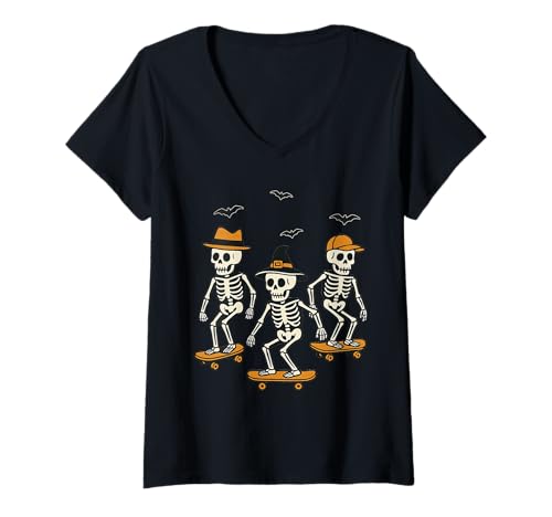 Damen Niedlicher Skelett-Skater, gruseliges Halloween-Skating T-Shirt mit V-Ausschnitt Damen Niedlicher Skelett-Skater, gruseliges Halloween-Skating T-Shirt mit V-Ausschnitt von Retro Skateboarding Trick or Treat Skeleton Crew