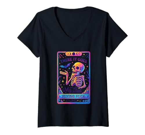 Damen Da geht es los, Mein letzter Fliegender Fick T-Shirt mit V-Ausschnitt von Retro Skeleton Humor Gothic Halloween