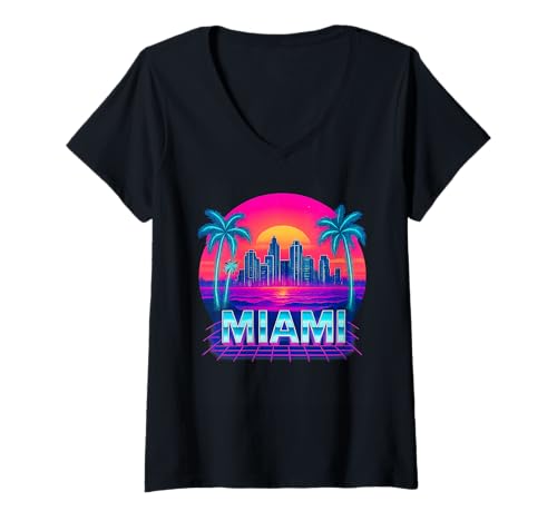 Damen Miami Sunset Vaporwave Palm Tree Skyline Retro 80er Jahre T-Shirt mit V-Ausschnitt Damen Miami Sunset Vaporwave Palm Tree Skyline Retro 80er Jahre T-Shirt mit V-Ausschnitt von Retro Skyline Collective