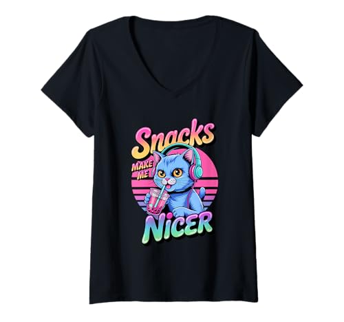 Damen Snacks Make Me Nicer Funny 80s 90s Groovy Cat Meme Animal T-Shirt mit V-Ausschnitt von Retro Snack Meme Vibes Chill Humor Squad