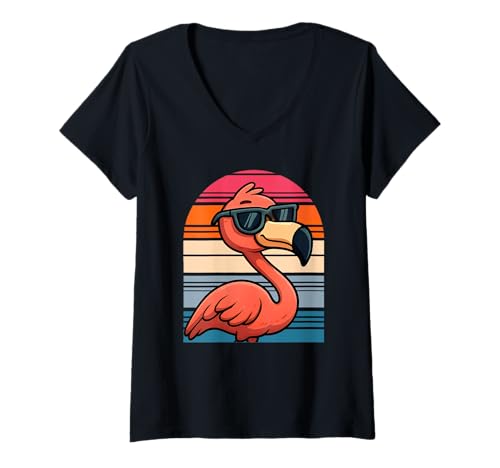 Damen Cool Retro Flamingo in Sonnenbrillen 70s 80er 90er lustige T-Shirt mit V-Ausschnitt Damen Cool Retro Flamingo in Sonnenbrillen 70s 80er 90er lustige T-Shirt mit V-Ausschnitt von Retro -Sonnenbrille Flamingo