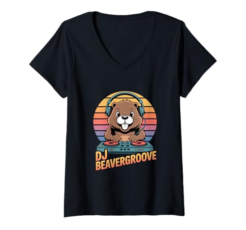 Damen DJ BEAVERGROOVE Lustiger Biber DJ Retro Party T-Shirt mit V-Ausschnitt von Retro Sonnenuntergang DJ Biber EDM Techno Club