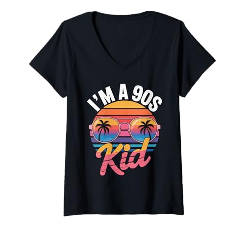 Damen I'm A 90s Kid Sonnenbrille Palmen T-Shirt mit V-Ausschnitt Damen I'm A 90s Kid Sonnenbrille Palmen T-Shirt mit V-Ausschnitt von Retro Sonnenuntergang Palmen 90er Jahre