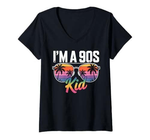 Damen I'm A 90s Kid Sonnenbrille Palmen T-Shirt mit V-Ausschnitt Damen I'm A 90s Kid Sonnenbrille Palmen T-Shirt mit V-Ausschnitt von Retro Sonnenuntergang Palmen 90er Jahre