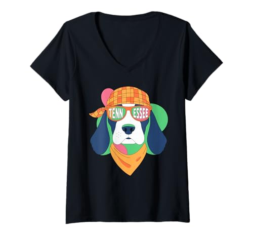 Damen Tennessee Hound Dog Cartoon Tenn ESSEE Sonnenbrille T-Shirt mit V-Ausschnitt Damen Tennessee Hound Dog Cartoon Tenn ESSEE Sonnenbrille T-Shirt mit V-Ausschnitt von Retro Southern Style Hundeliebhaber Tennessee