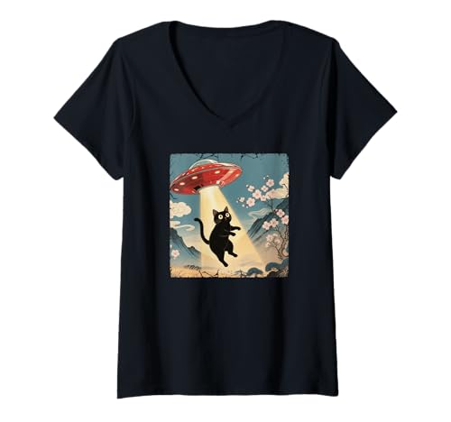 Damen Vintage Japanische UFO Katze Papa Alien Entführung T-Shirt mit V-Ausschnitt von Retro Space Cat Designs