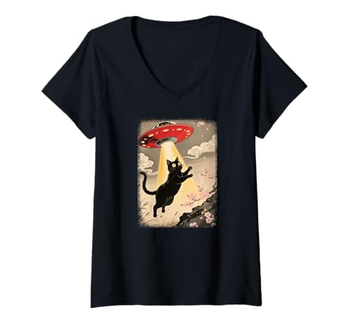 Damen Vintage Japanische UFO Katze Papa Alien Entführung T-Shirt mit V-Ausschnitt von Retro Space Cat Designs