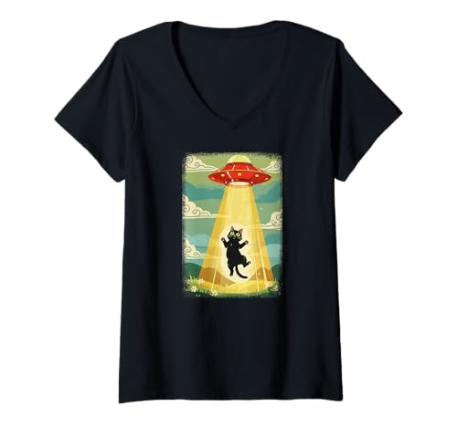 Damen Vintage Japanische UFO Katze Papa Alien Entführung T-Shirt mit V-Ausschnitt von Retro Space Cat Designs