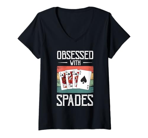Damen Cooles Kartenspiel Design Für Männer Frauen Spades Turnier T-Shirt mit V-Ausschnitt von Retro Spades Trick Taking Kartenspiel Überraschung
