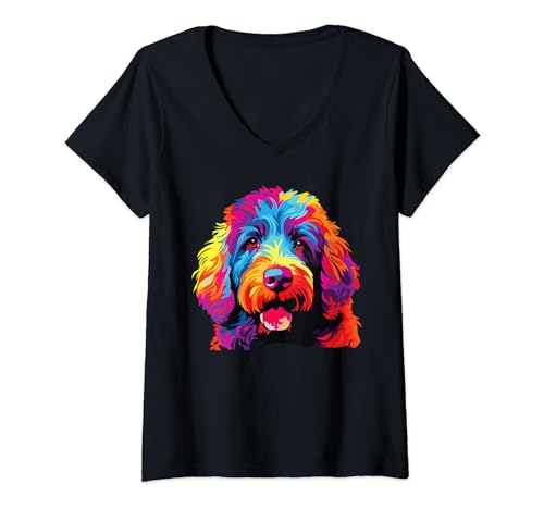 Damen Wasserfarben Farbenfroher Spanischer Wasserhund Hunde T-Shirt mit V-Ausschnitt Damen Wasserfarben Farbenfroher Spanischer Wasserhund Hunde T-Shirt mit V-Ausschnitt von Retro Spanischer Wasserhund Dog Tees