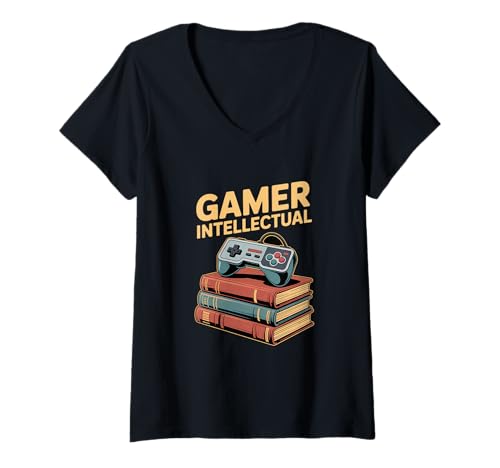 Damen Gamer Intellectual Retro Controller Bücher Stapel T-Shirt mit V-Ausschnitt Damen Gamer Intellectual Retro Controller Bücher Stapel T-Shirt mit V-Ausschnitt von Retro Spiele Controller Bücher Nerd Kultur
