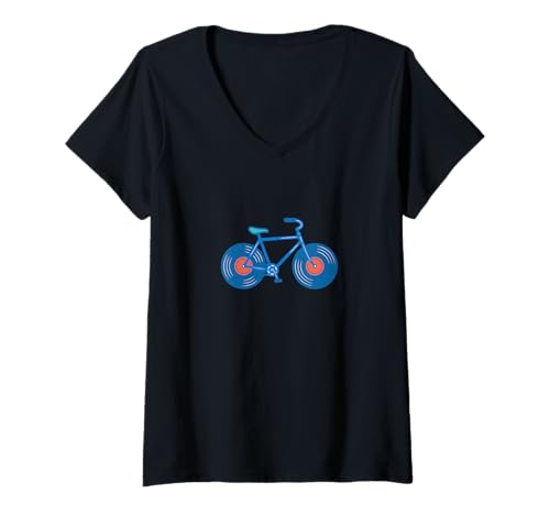 Damen Schallplatten Fahrrad Design für Musikfans und Radfahrer T-Shirt mit V-Ausschnitt Damen Schallplatten Fahrrad Design für Musikfans und Radfahrer T-Shirt mit V-Ausschnitt von Retro Spin Emporium