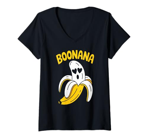 Damen Lustiges Halloween Boonana Banane Geist Kostüm Gruseliges Essen Wortspiel T-Shirt mit V-Ausschnitt Damen Lustiges Halloween Boonana Banane Geist Kostüm Gruseliges Essen Wortspiel T-Shirt mit V-Ausschnitt von Retro Spooky Fruit Joke Halloween Costume Apparel