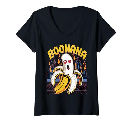 Damen Retro Pixel Boonana Ghost Banana Halloween Lustig Horror Kinder T-Shirt mit V-Ausschnitt Damen Retro Pixel Boonana Ghost Banana Halloween Lustig Horror Kinder T-Shirt mit V-Ausschnitt von Retro Spooky Fruit Joke Halloween Costume Apparel
