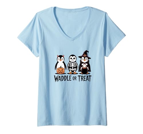 Damen Vintage Halloween Pinguin Trick or Waddle Gruselig T-Shirt mit V-Ausschnitt von Retro Spooky Penguin Costume Witch Skeleton Devil