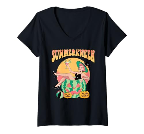Damen Pinup Witch in Watermelon Summerween Lustiges Sommer-Halloween T-Shirt mit V-Ausschnitt Damen Pinup Witch in Watermelon Summerween Lustiges Sommer-Halloween T-Shirt mit V-Ausschnitt von Retro Spooky Style