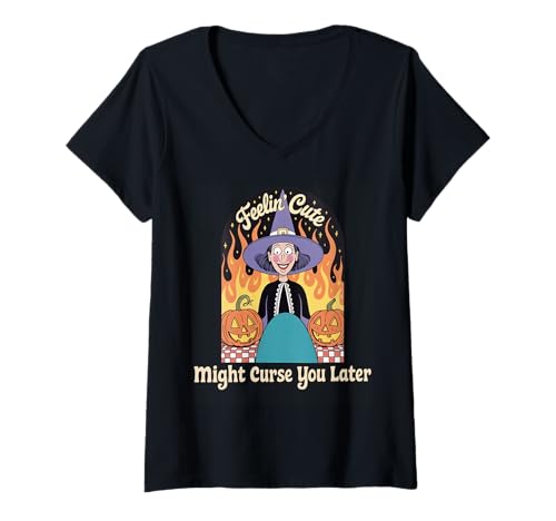Damen Lustige Hexe Halloween Kürbis Feelin Niedlicher Fluch Frauen Männer T-Shirt mit V-Ausschnitt Damen Lustige Hexe Halloween Kürbis Feelin Niedlicher Fluch Frauen Männer T-Shirt mit V-Ausschnitt von Retro Spooky Witch Fire Humor Joke Mother Mom Gag