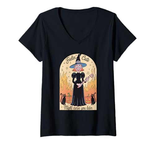 Damen Lustige Hexe Halloween Kürbis Feelin Niedlicher Fluch Frauen Männer T-Shirt mit V-Ausschnitt Damen Lustige Hexe Halloween Kürbis Feelin Niedlicher Fluch Frauen Männer T-Shirt mit V-Ausschnitt von Retro Spooky Witch Fire Humor Joke Mother Mom Gag