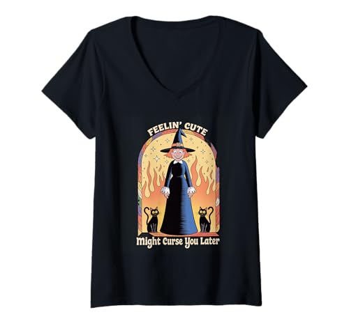 Damen Lustige Hexe Halloween Kürbis Feelin Niedlicher Fluch Frauen Männer T-Shirt mit V-Ausschnitt Damen Lustige Hexe Halloween Kürbis Feelin Niedlicher Fluch Frauen Männer T-Shirt mit V-Ausschnitt von Retro Spooky Witch Fire Humor Joke Mother Mom Gag